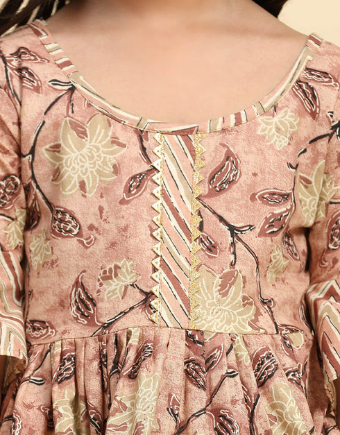 Indian Traditional Kids Wear Readymade Kurti With Dhoti Collection Coffee Cotton Patiyala Suit Side View