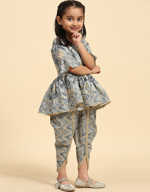 Indian Traditional Kids Wear Readymade Kurti With Dhoti Collection Grey Cotton Patiyala Suit Close-up View