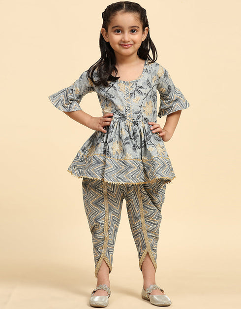 Indian Traditional Kids Wear Readymade Kurti With Dhoti Collection Grey Cotton Patiyala Suit Front View