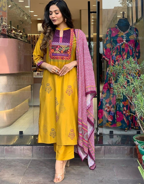 Traditional Function Wear Readymade Suit Collection Mustard Maslin Pant Straight Close-up View