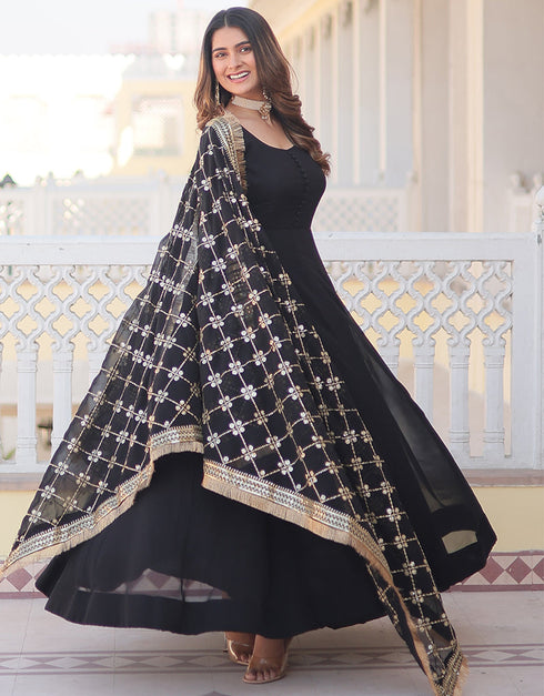 Traditional Function Wear Heavy Readymade Gown With Dupatta Collection Wine Faux Blooming Gown Back View