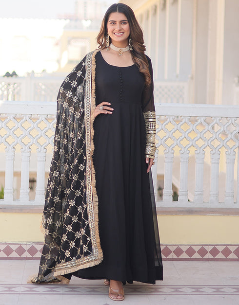 Traditional Function Wear Heavy Readymade Gown With Dupatta Collection Wine Faux Blooming Gown Front View