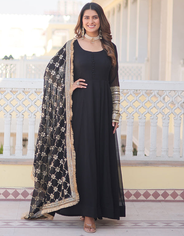 Traditional Function Wear Heavy Readymade Gown With Dupatta Collection Wine Faux Blooming Gown Front View