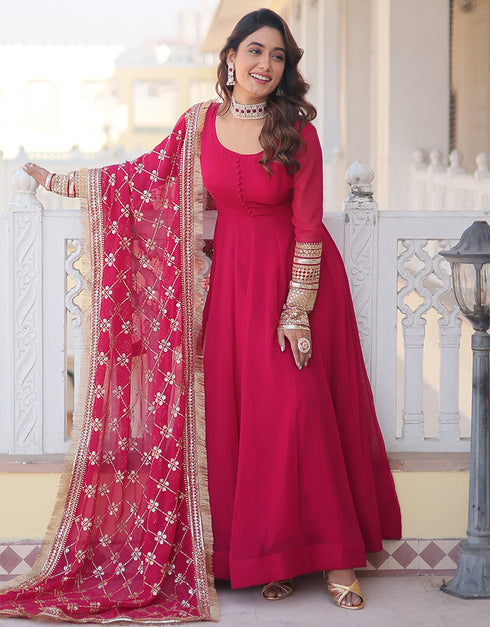 Traditional Function Wear Heavy Readymade Gown With Dupatta Collection Pista Faux Blooming Gown Close-up View