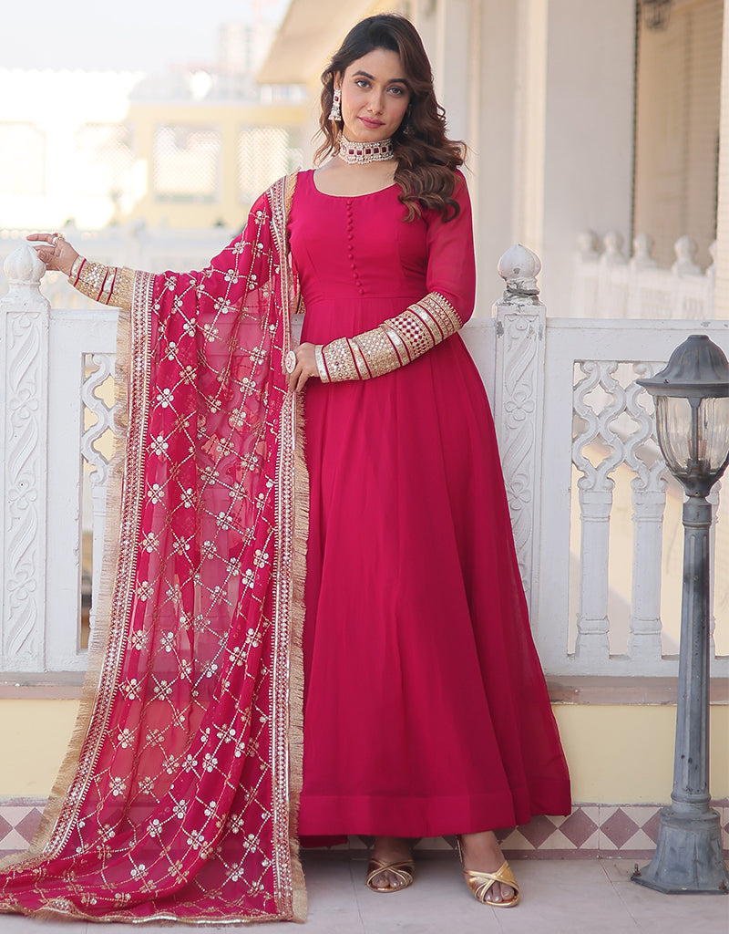 Teal Party Wear Readymade Gown With Dupatta In Embroidery Work
