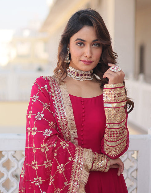 Traditional Function Wear Heavy Readymade Gown With Dupatta Collection Pista Faux Blooming Gown Side View