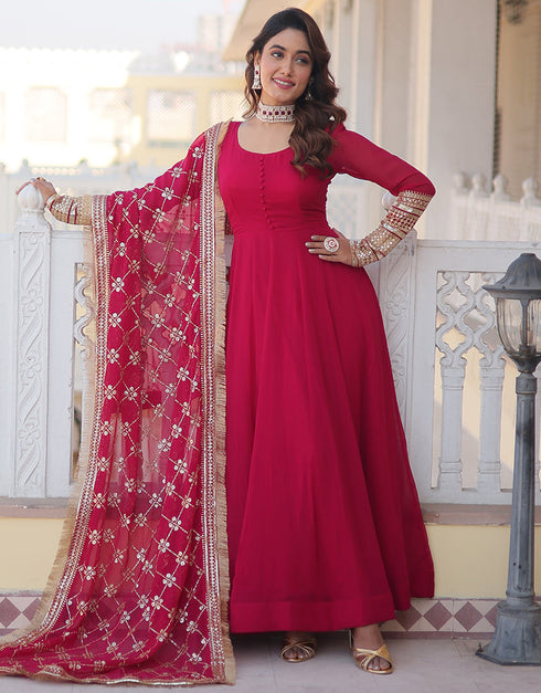 Traditional Function Wear Heavy Readymade Gown With Dupatta Collection Pista Faux Blooming Gown Front View