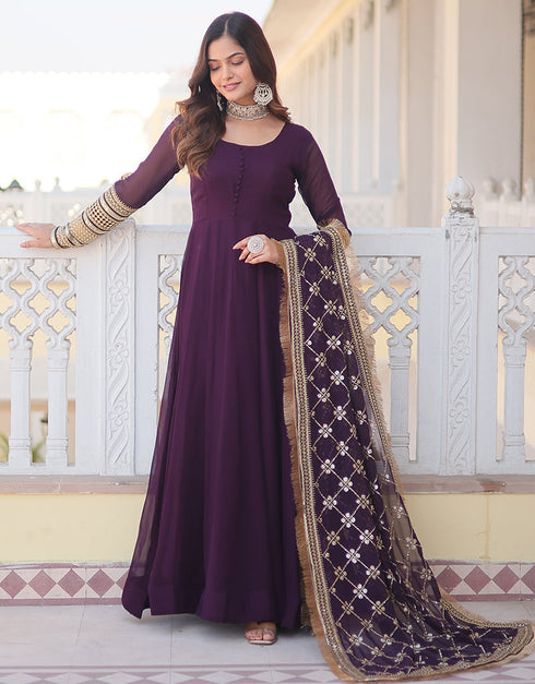 Traditional Function Wear Heavy Readymade Gown With Dupatta Collection Pink Faux Blooming Gown Close-up View