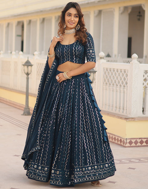 Designer Function Wear Heavy Lehenga Choli Collection Blue Faux Blooming Lehenga Choli Close-up View