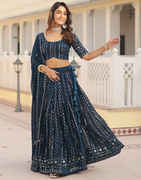Designer Function Wear Heavy Lehenga Choli Collection Blue Faux Blooming Lehenga Choli Back View