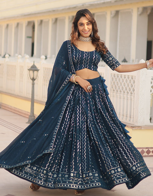 Designer Function Wear Heavy Lehenga Choli Collection Blue Faux Blooming Lehenga Choli Front View