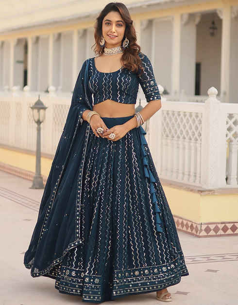 Designer Function Wear Heavy Lehenga Choli Collection Blue Faux Blooming Lehenga Choli Front View