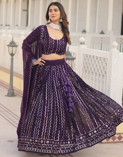 Designer Function Wear Heavy Lehenga Choli Collection Purple Faux Blooming Lehenga Choli Close-up View