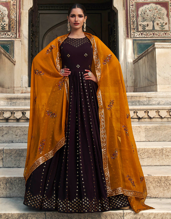 Designer Party Wear Heavy Gown With Dupatta Purple Georgette Gown Front View