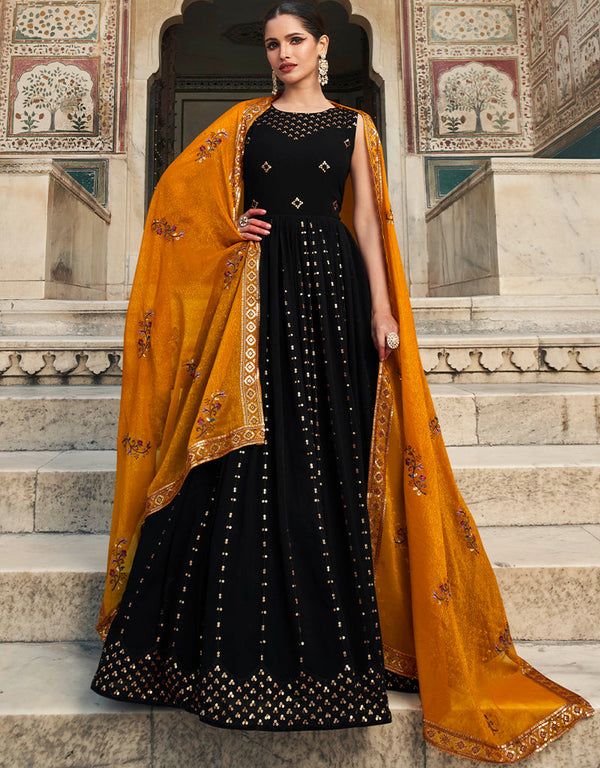 Designer Party Wear Heavy Gown With Dupatta Black Georgette Gown Front View