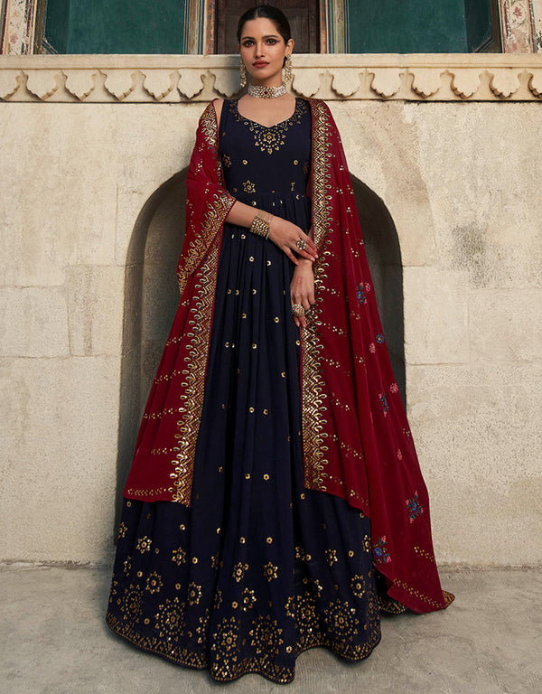 Designer Party Wear Heavy Gown With Dupatta Navy Blue Georgette Gown Front View