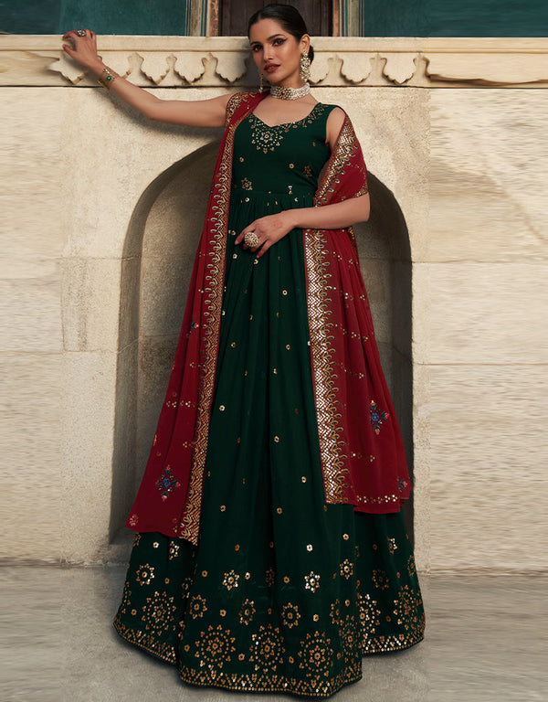 Designer Party Wear Heavy Gown With Dupatta Green Georgette Gown Front View