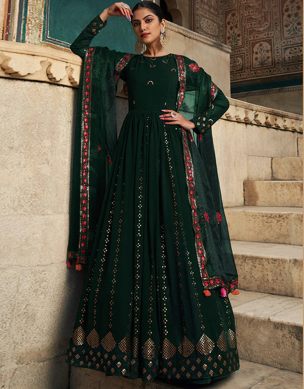 Designer Party Wear Heavy Gown With Dupatta Green Georgette Gown Front View