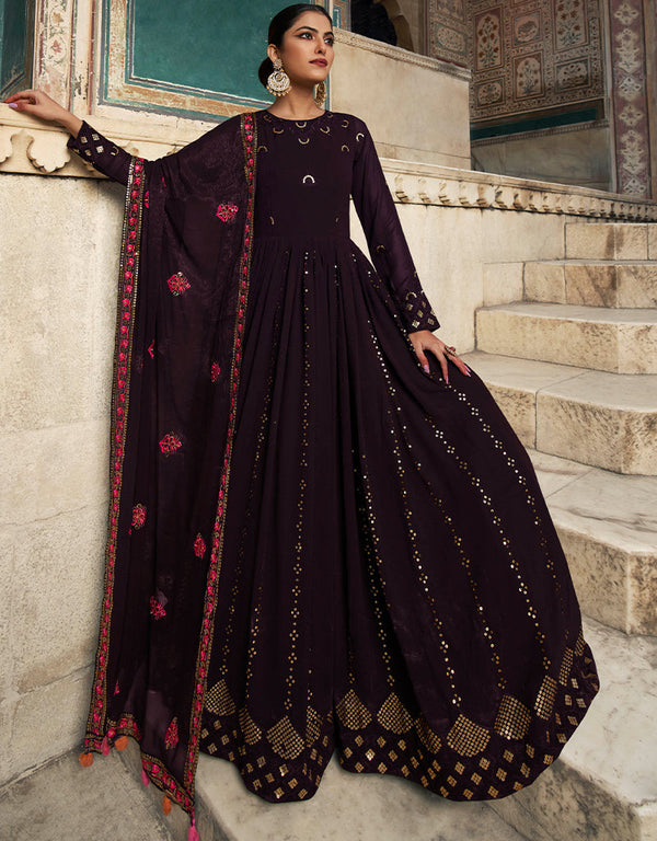 Designer Party Wear Heavy Gown With Dupatta Purple Georgette Gown Front View