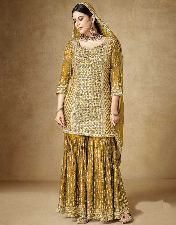 Traditional Function Wear Readymade Suit Collection Yellow Premium Chinnon Sharara Suit Front View