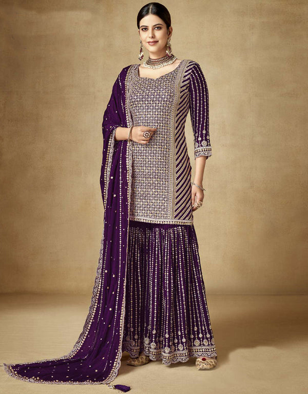 Traditional Function Wear Readymade Suit Collection Wine Premium Chinnon Sharara Suit Front View