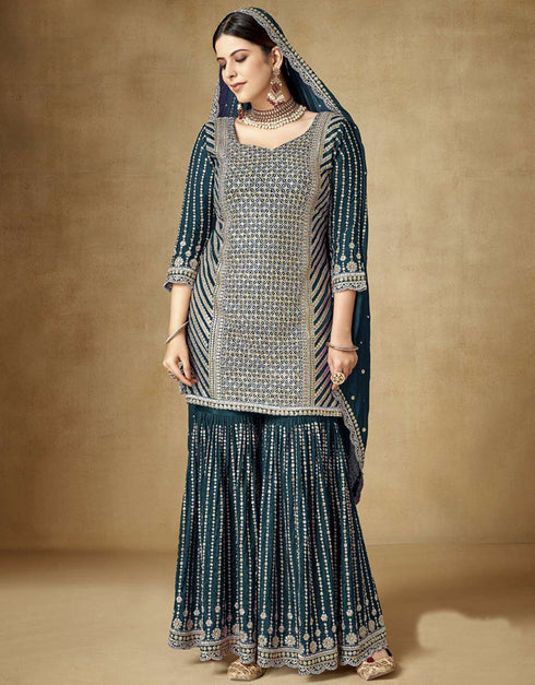 Traditional Function Wear Readymade Suit Collection Green Premium Chinnon Sharara Suit Front View