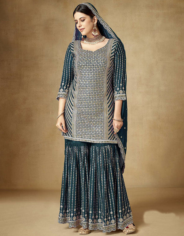 Traditional Function Wear Readymade Suit Collection Green Premium Chinnon Sharara Suit Front View