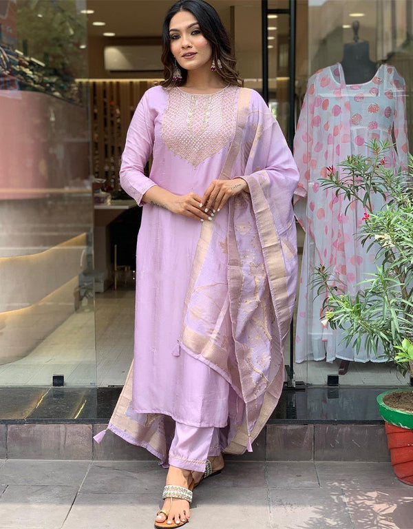 Traditional Function Wear Readymade Suit Collection Lavender Viscose Chanderi Pant Straight Front View