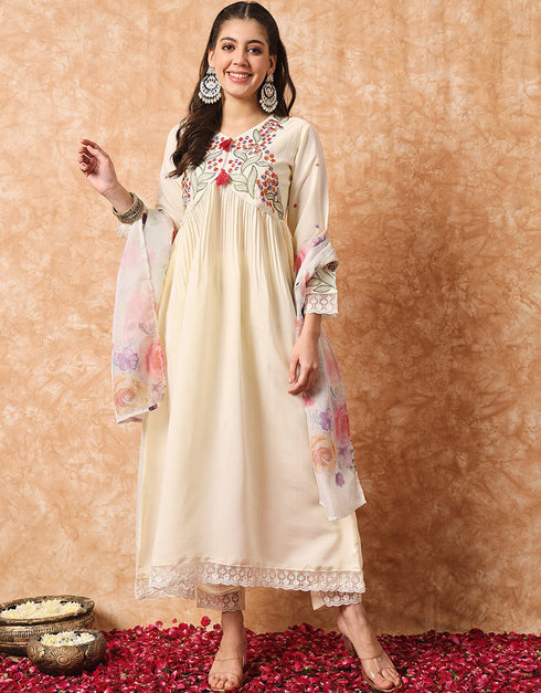 Traditional Function Wear Readymade Suit Collection Cream Viscose Pant Straight Front View