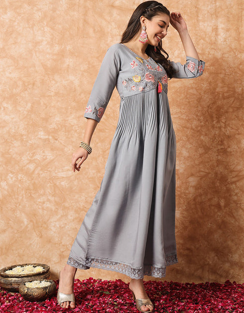 Traditional Function Wear Readymade Suit Collection Grey Viscose Pant Straight Close-up View