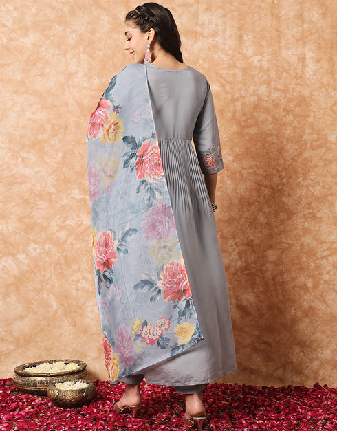 Traditional Function Wear Readymade Suit Collection Grey Viscose Pant Straight Back View