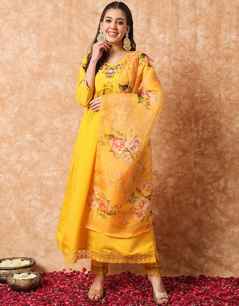 Traditional Function Wear Readymade Suit Collection Yellow Viscose Pant Straight Front View