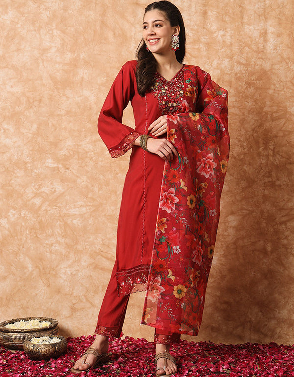 Traditional Function Wear Readymade Suit Collection Maroon Viscose Pant Straight Front View
