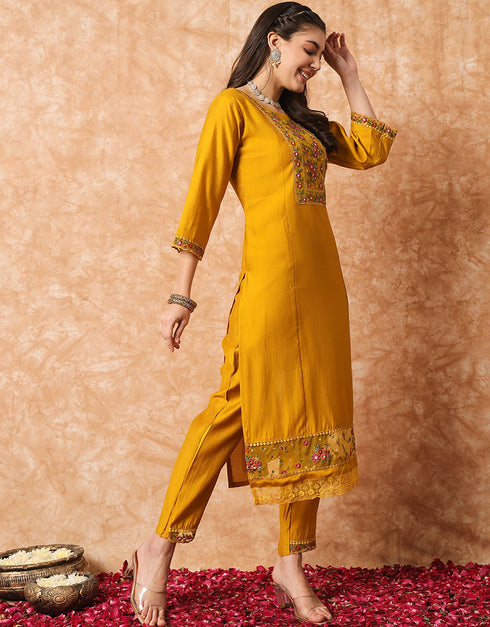 Traditional Function Wear Readymade Suit Collection Mustard Viscose Pant Straight Close-up View