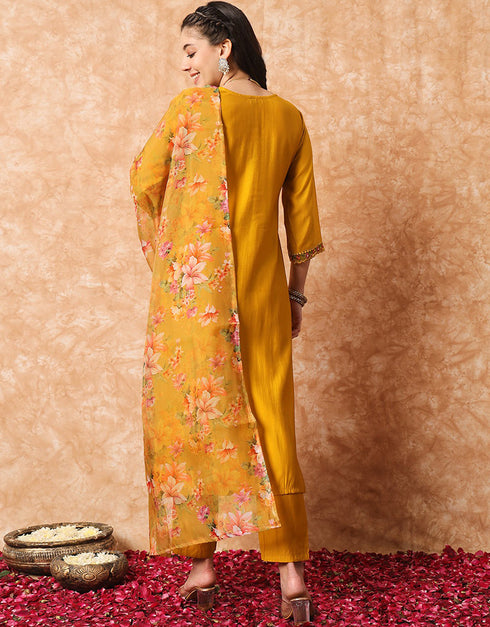 Traditional Function Wear Readymade Suit Collection Mustard Viscose Pant Straight Back View