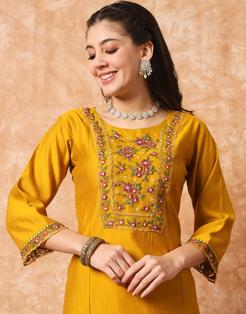 Traditional Function Wear Readymade Suit Collection Mustard Viscose Pant Straight Side View