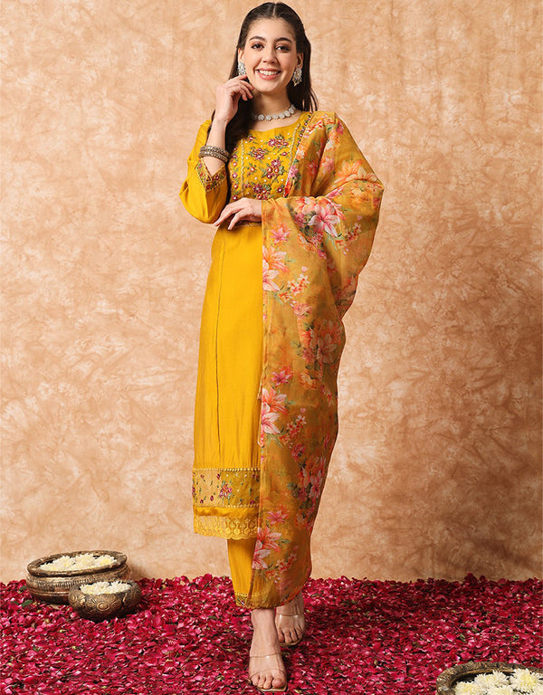 Traditional Function Wear Readymade Suit Collection Mustard Viscose Pant Straight Front View