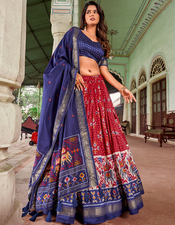 Designer Function Wear Heavy Lehenga Choli Collection Navy Blue Tussar Silk Lehenga Choli Front View