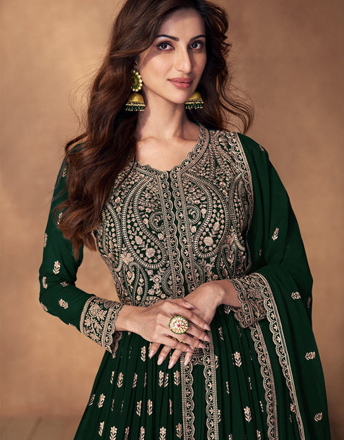 Traditional Function Wear Readymade Suit Collection Green Real Georgette Pant Anarkali Close-up View