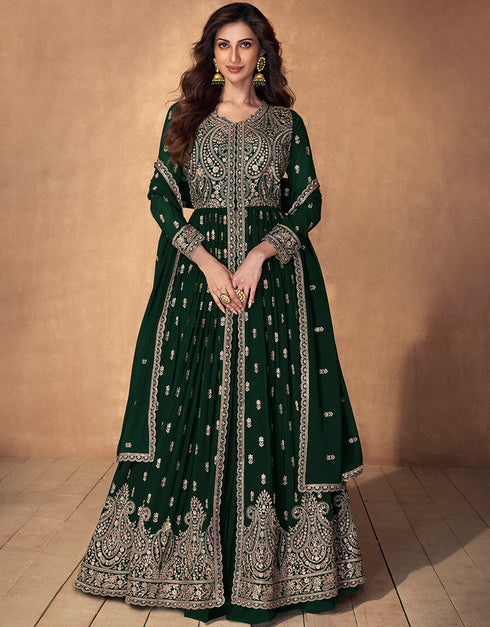 Traditional Function Wear Readymade Suit Collection Green Real Georgette Pant Anarkali Front View