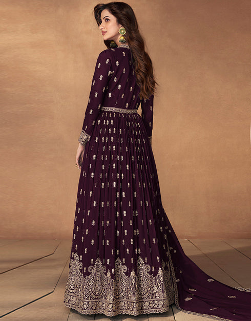 Traditional Function Wear Readymade Suit Collection Wine Real Georgette Pant Anarkali Close-up View