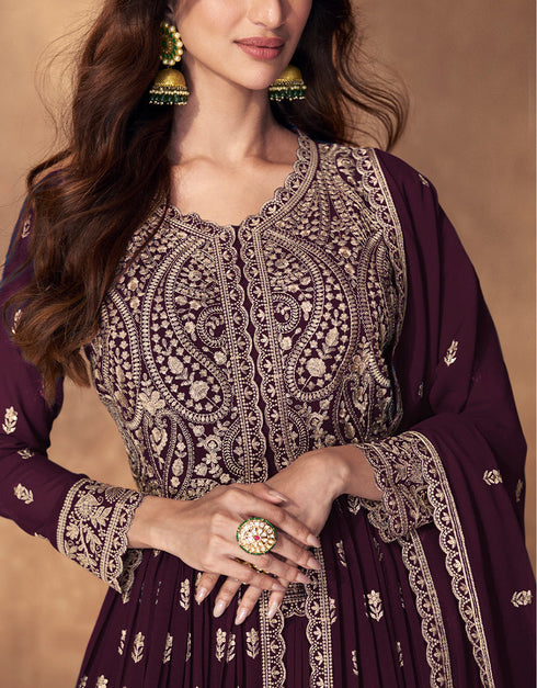 Traditional Function Wear Readymade Suit Collection Wine Real Georgette Pant Anarkali Back View