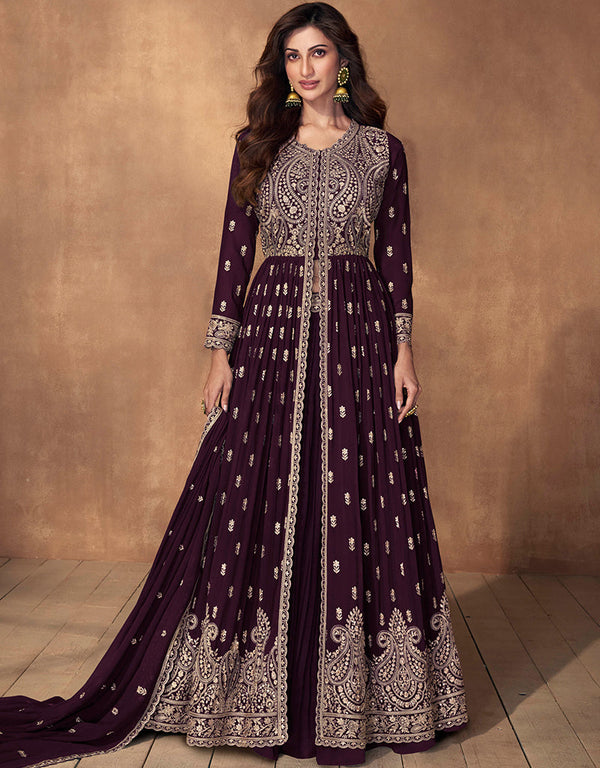 Traditional Function Wear Readymade Suit Collection Wine Real Georgette Pant Anarkali Front View