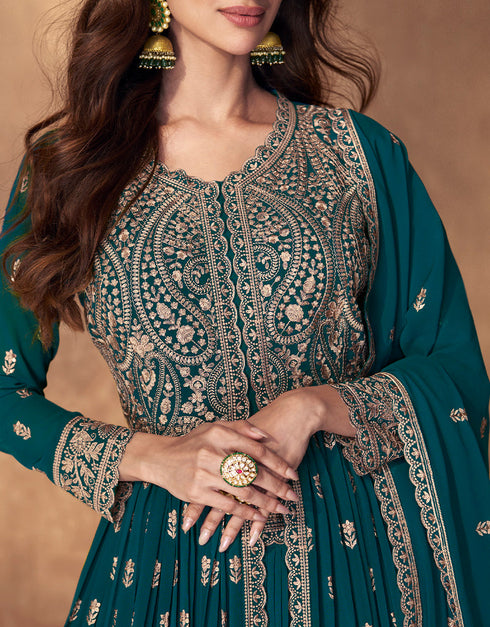 Traditional Function Wear Readymade Suit Collection Teal Real Georgette Pant Anarkali Close-up View