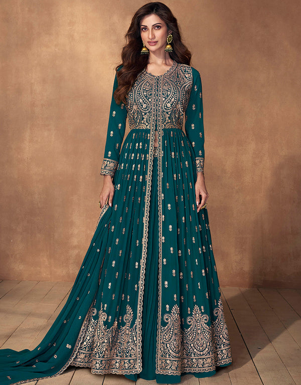 Traditional Function Wear Readymade Suit Collection Teal Real Georgette Pant Anarkali Front View