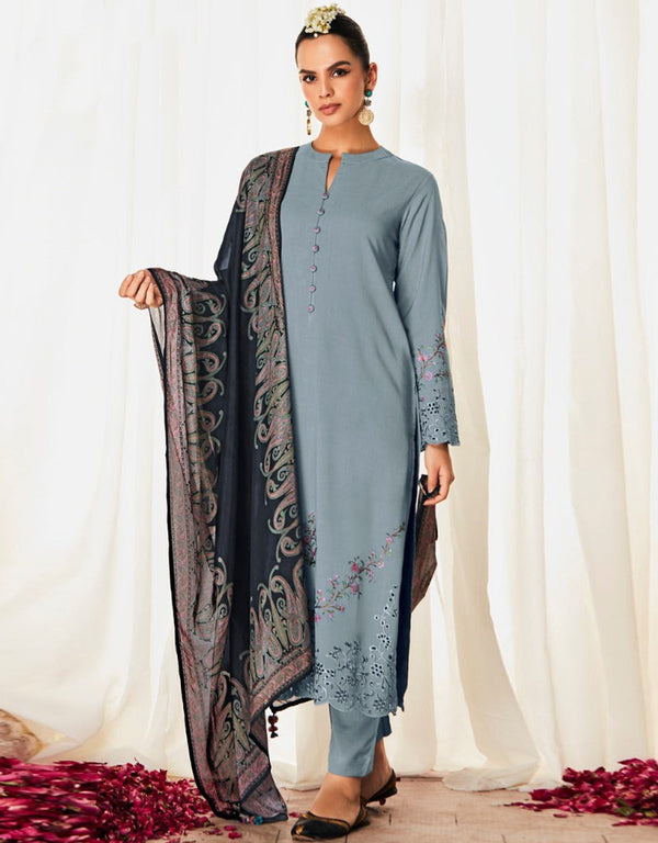 Designer Party Wear Salwar Suit Collection Aqua Blue Modal Silk Pant Straight Front View