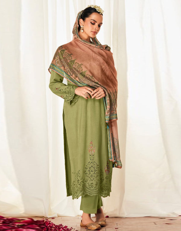 Designer Party Wear Salwar Suit Collection Mehndi Modal Silk Pant Straight Front View