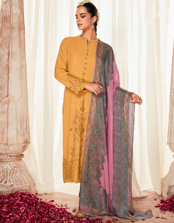 Designer Party Wear Salwar Suit Collection Yellow Modal Silk Pant Straight Front View