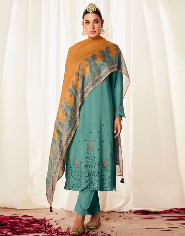 Designer Party Wear Salwar Suit Collection Mint Modal Silk Pant Straight Front View