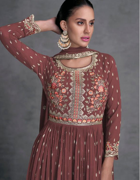 Traditional Function Wear Readymade Suit Collection Brown Real Georgette Pant Straight Close-up View